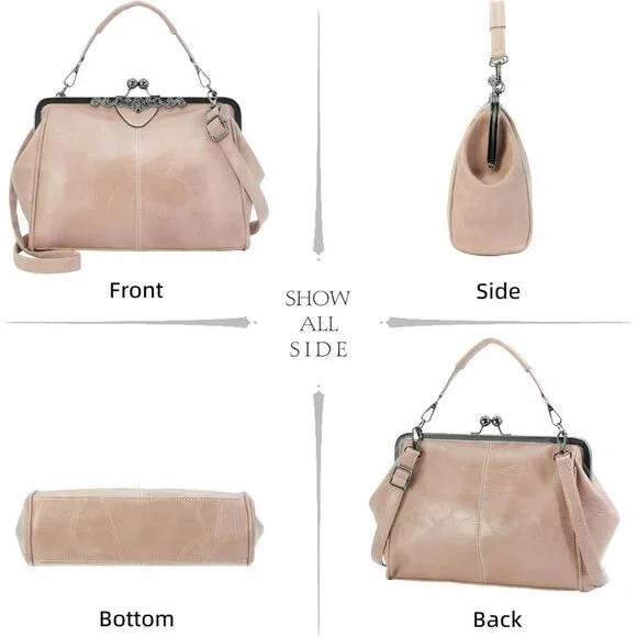 Women's Beige PinkVegan Leather Kiss Lock Satchel Evening Crossbody Clutch